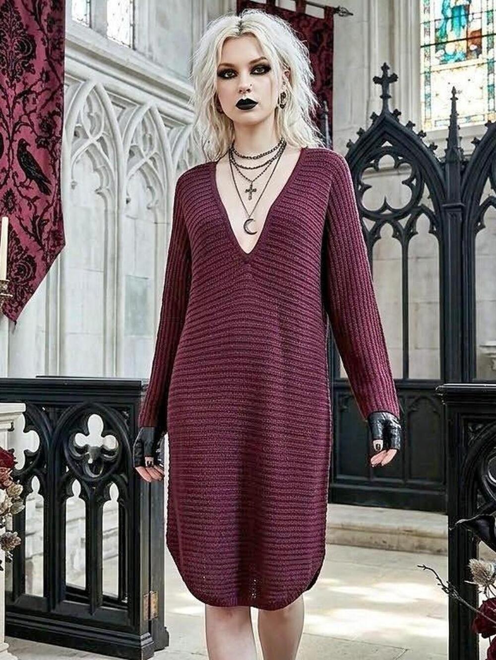 New York & Company Burgundy Oversize dress with V-neck and long sleeves. Size: L